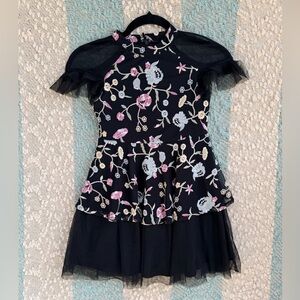 Pastourelle Black Dress with Pink and White Embroidery